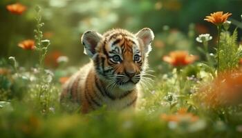 een schattig Bengalen tijger katje schuilplaats in de gras buitenshuis gegenereerd door ai foto