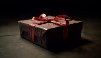 een verpakt geschenk doos Aan een donker houten tafel gegenereerd door ai foto