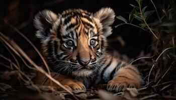 dichtbij omhoog portret van een schattig Bengalen tijger gegenereerd door ai foto