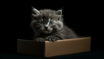 schattig katje met blauw ogen zitten, op zoek Bij camera speels gegenereerd door ai foto