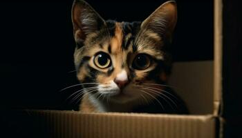 schattig katje met bakkebaarden staren, speels en nieuwsgierig, binnenshuis gegenereerd door ai foto