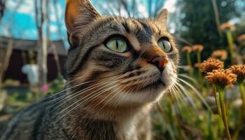 schattig katje zittend in gras, staren met nieuwsgierig blauw ogen gegenereerd door ai foto