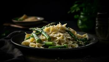 een gezond vegetarisch pasta maaltijd met vers ingrediënten Aan een rustiek houten bord gegenereerd door ai foto