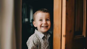 een schattig, glimlachen jongen brengt geluk en vreugde binnenshuis gegenereerd door ai foto