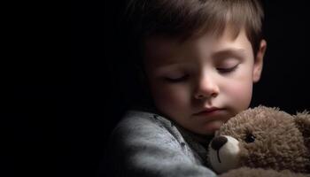 een schattig kind omarmt een teddy beer, vinden troost gegenereerd door ai foto