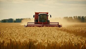 landbouw boerderij, landelijk tafereel, combineren oogstmachine, oogsten, werken, zomer gegenereerd door ai foto