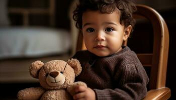 schattig kind zittend binnenshuis, lachend, Holding teddy beer, op zoek Bij camera gegenereerd door ai foto