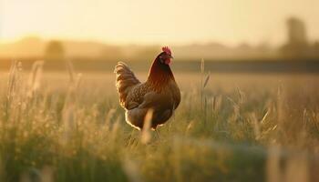 een mooi zonsopkomst Aan een boerderij, kippen zwerven vrij in de weide gegenereerd door ai foto