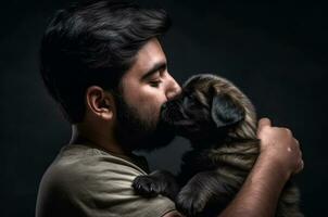 een schattig puppy omarmen een Mens, rasecht hond en vriendschap gegenereerd door ai foto