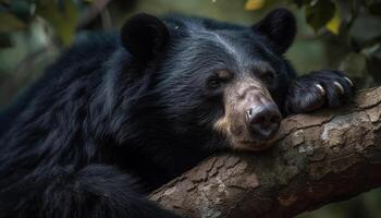 schattig panda zittend Aan een tak, op zoek Bij camera in Woud gegenereerd door ai foto