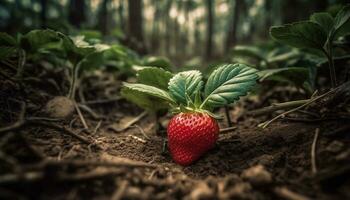 versheid en groei van biologisch aardbei fabriek in groen zomer gegenereerd door ai foto