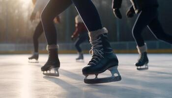 mannen en Dames ijs het schaatsen, beoefenen voor ijs hockey wedstrijd binnenshuis gegenereerd door ai foto