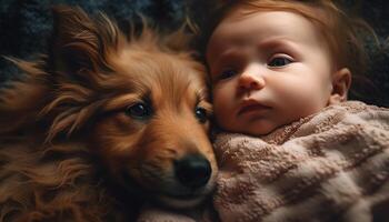 een schattig klein hond brengt vreugde en liefde naar een kind gegenereerd door ai foto