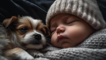 schattig klein baby hond, slapen vredig, omarmen onschuld en liefde gegenereerd door ai foto