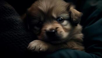 schattig puppy zitten, op zoek Bij camera, pluizig vacht, speels onschuld gegenereerd door ai foto