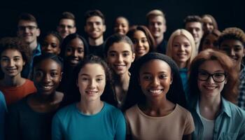 een vrolijk groep van studenten lachend, op zoek Bij camera samen gegenereerd door ai foto