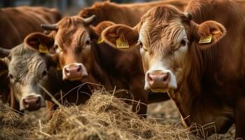 koeien begrazing in een groen weide, een vredig landelijk tafereel gegenereerd door ai foto