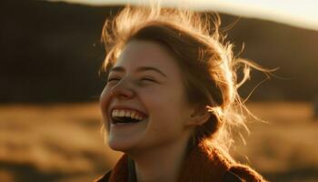 glimlachen vrouw geniet natuur schoonheid, zorgeloos en vrolijk onder zonsondergang gegenereerd door ai foto