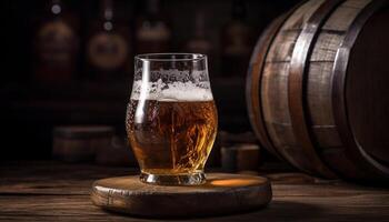 houten tafel in een rustiek kroeg, gieten schuimig bier in glas gegenereerd door ai foto