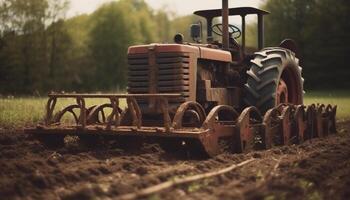 agrarisch machinerie werken in een rustiek boerderij, voorbereidingen treffen voor oogst gegenereerd door ai foto