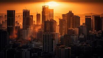 stadsgezicht silhouet Bij schemering, wolkenkrabbers verlicht, reflecterend zonsondergang multi gekleurde gloed gegenereerd door ai foto