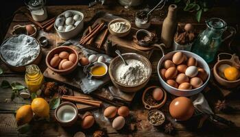 rustiek eigengemaakt koekje Aan houten tafel, een zoet winter genot gegenereerd door ai foto