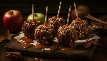 toegeeflijk toetje chocola gedoopt appel, karamel, pecannoot, toffees, herfst viering gegenereerd door ai foto