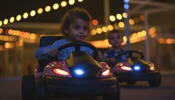 een schattig kind het rijden een auto Bij nacht, hebben pret gegenereerd door ai foto