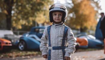 glimlachen jongens spelen buitenshuis, genieten van kinderjaren met sport- helmen gegenereerd door ai foto