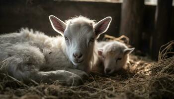 schattig jong lam begrazing in een weide, onschuld in natuur gegenereerd door ai foto