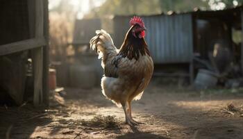 een schattig haan staat in een met gras begroeid weide, op zoek Bij camera gegenereerd door ai foto