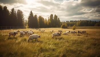 een mooi landschap met groen weiden, begrazing vee, en bergen gegenereerd door ai foto