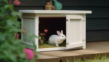 schattig baby konijn zittend Aan gras, natuur aanbiddelijk decoratie gegenereerd door ai foto