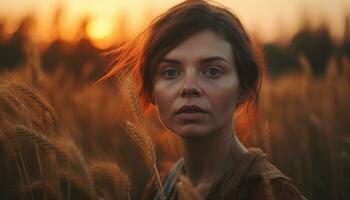 jong vrouw in landelijk tafereel, lachend, op zoek Bij camera, buitenshuis gegenereerd door ai foto