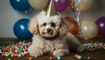 schattig puppy zittend met een geschenk, vieren verjaardag met vrienden gegenereerd door ai foto