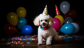 schattig puppy viert verjaardag met kleurrijk ballonnen en speels speelgoed gegenereerd door ai foto