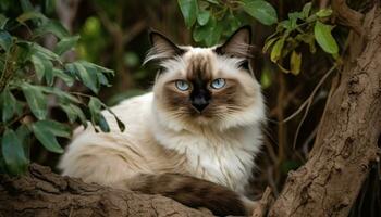 schattig katje zittend Aan gras, staren met nieuwsgierig blauw ogen gegenereerd door ai foto