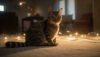 schattig katje zitten, staren, speels, pluizig, gestreept, op zoek Bij camera gegenereerd door ai foto