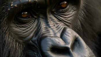 droefheid in de ogen van een schattig, harig primaat in Afrika gegenereerd door ai foto