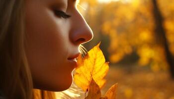 een jong vrouw genieten van de herfst schoonheid in natuur gegenereerd door ai foto