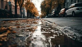 stad leven in herfst, nat straten reflecteren oud gebouwen gegenereerd door ai foto