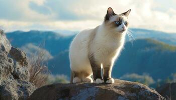 schattig katje zittend Aan gras, staren Bij de mooi landschap gegenereerd door ai foto