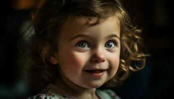 schattig glimlachen kind, portret van een vrolijk Kaukasisch meisje op zoek gegenereerd door ai foto