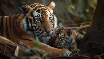 Bengalen tijger welp staren, schoonheid in natuur, wilde kat in gras gegenereerd door ai foto