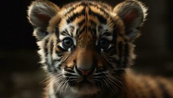 dichtbij omhoog portret van een schattig Bengalen tijger staren Bij camera gegenereerd door ai foto