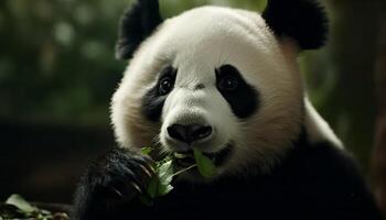 schattig reusachtig panda aan het eten bamboe in de wild, dichtbij omhoog portret gegenereerd door ai foto