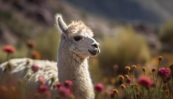 schattig alpaca begrazing Aan groen gras, op zoek Bij camera gegenereerd door ai foto