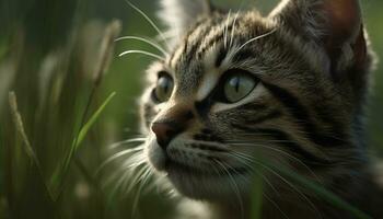 schattig katje zittend in gras, staren met nieuwsgierig groen ogen gegenereerd door ai foto