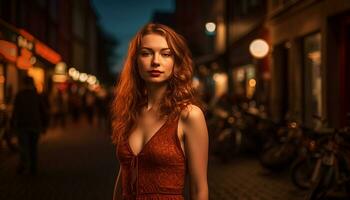 een jong vrouw, verlichte door straat lichten, straalt uit elegantie en vertrouwen gegenereerd door ai foto