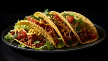 gegrild rundvlees taco met guacamole, tomaat, en koriander Aan tortilla gegenereerd door ai foto